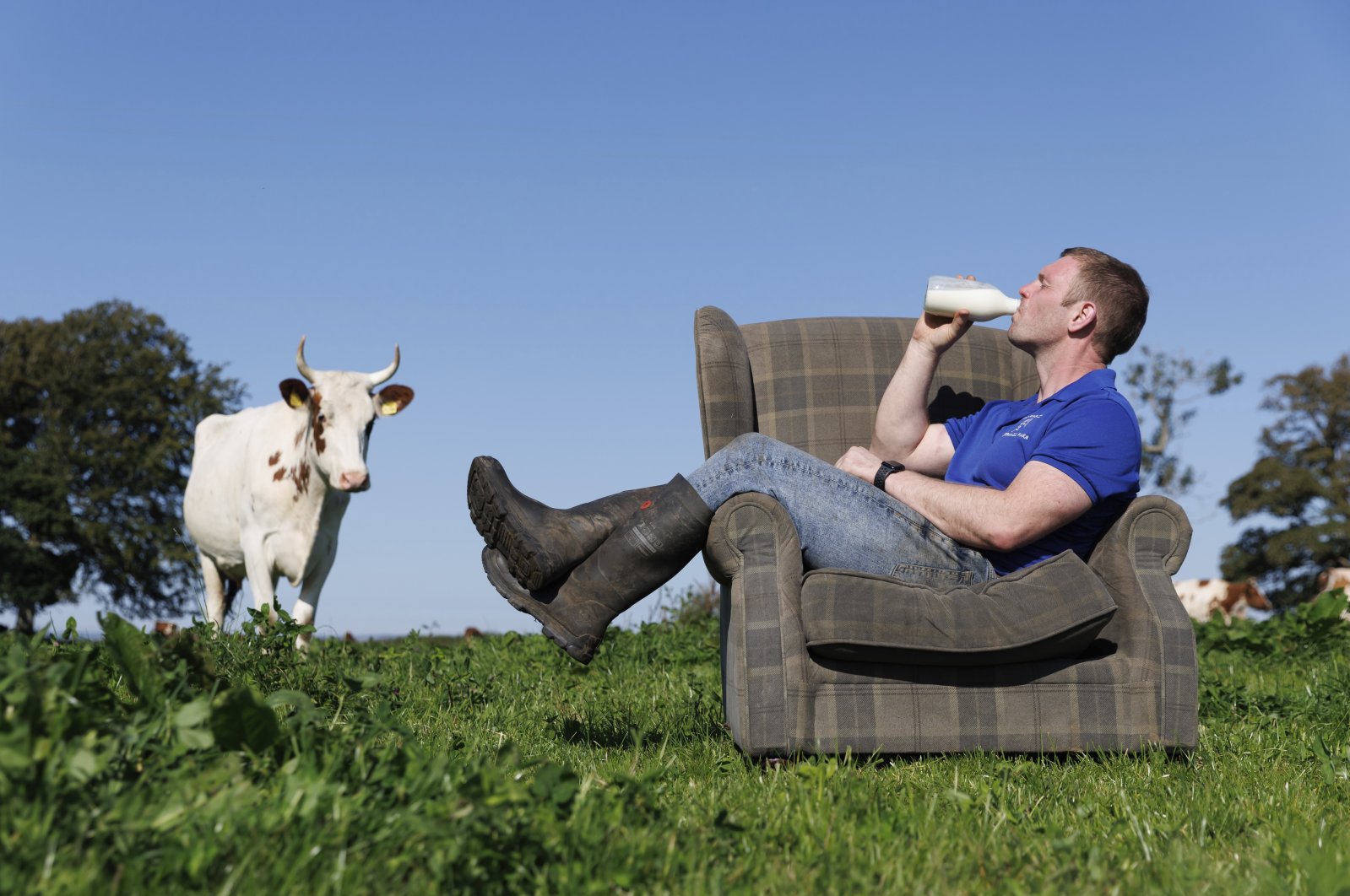 This undated handout photo shows Bryce Cunningham, farmer and owner of Mossgiel Organic Farm near Mauchline, as he poses drinking milk in a field with some of his herd of Ayrshire cows at Mossgiel Organic Farm, Mauchline, Scotland, U.K. (AP Photo)