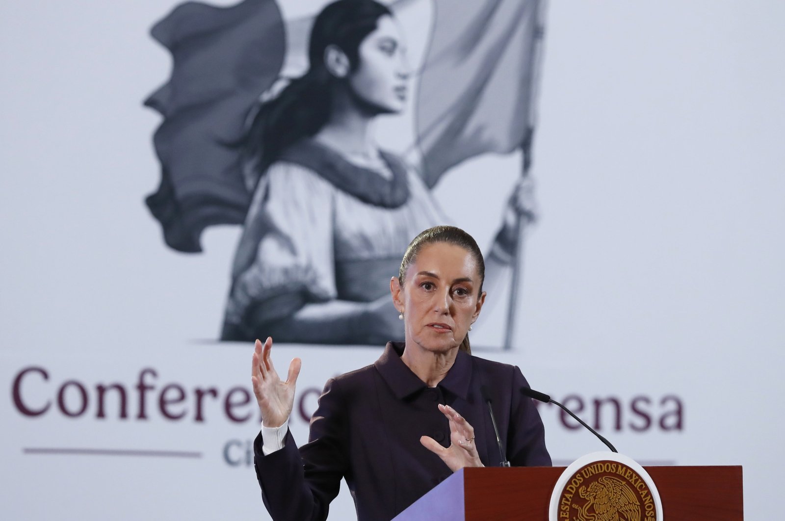 President of Mexico Claudia Sheinbaum speaks during her news conference at the National Palace in Mexico City, Mexico,  Nov. 21, 2024. (EPA Photo)