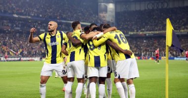 Fenerbahçe players celebrate after a goal during the Süper Lig match against Sivasspor, Istanbul, Türkiye, Nov. 10, 2024. (IHA Photo)