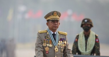 Myanmar military Commander-in-Chief Senior General Min Aung Hlaing participates in a parade during the 76th Armed Forces Day in Naypyitaw, Myanmar, March 27, 2021. (EPA Photo)