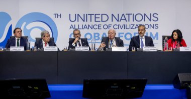 (From Left) Spain&#039;s Minister for Foreign Affairs Jose Manuel Albares Bueno, U.N. Secretary-General Antonio Guterres, Portugal&#039;s Minister for Foreign Affairs Paulo Rangel, U.N. High Representative for the Alliance of Civilizations Miguel Angel Moratinos, Türkiye&#039;s Minister of Foreign Affairs Hakan Fidan and Director for the United Nations Alliance of Civilizations Ms. Nihal Saad attend the 10th Global Forum of the United Nations Alliance of Civilizations, in Cascais, Nov. 26, 2024. (AFP Photo)