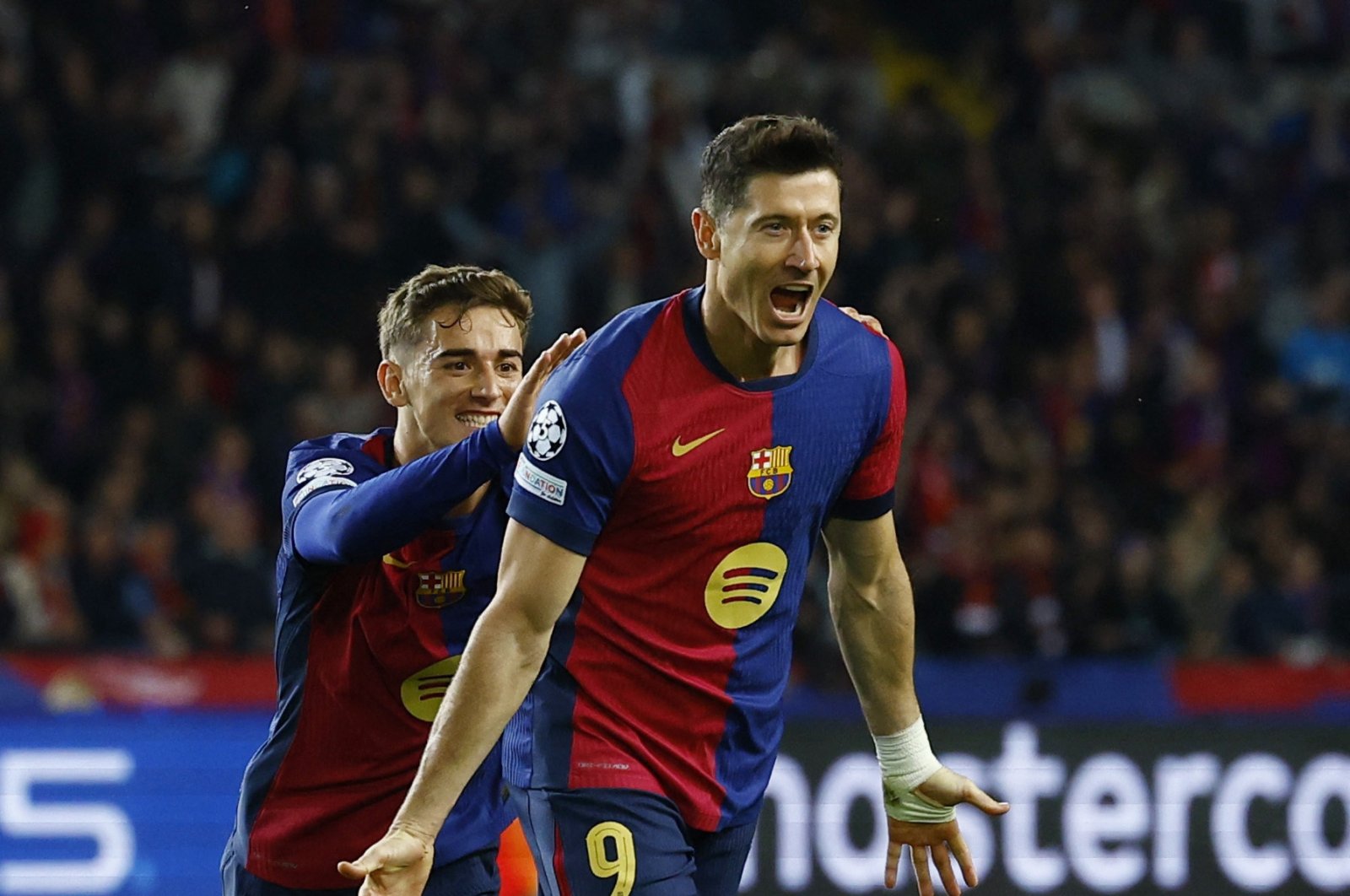 Barcelona&#039;s Robert Lewandowski celebrates scoring a Champions League goal against Brest at the Estadi Olimpic Lluis Companys, Barcelona, Spain, Nov. 26, 2024. (Reuters Photo)