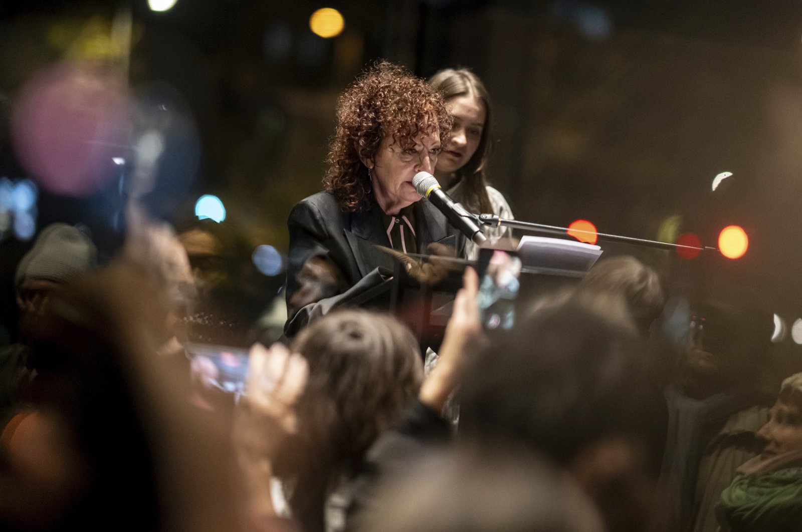 Nan Goldin speaks at the opening of her exhibition &quot;Nan Goldin. This Will Not End Well&quot; at the New National Gallery, Berlin, Germany, Nov. 22. 2024. (AP Photo)