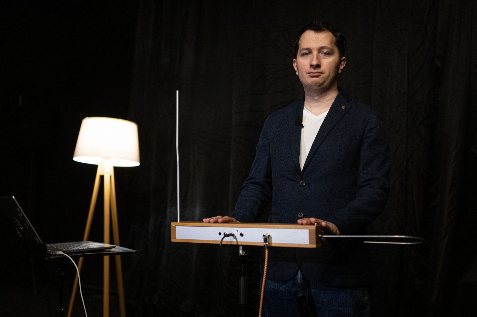 Peter Theremin, the grandson of Russian physicist Lev Theremin, stands near a &quot;Theremin,&quot; Şanlıurfa, Türkiye, Nov. 26, 2024. (AA Photo)