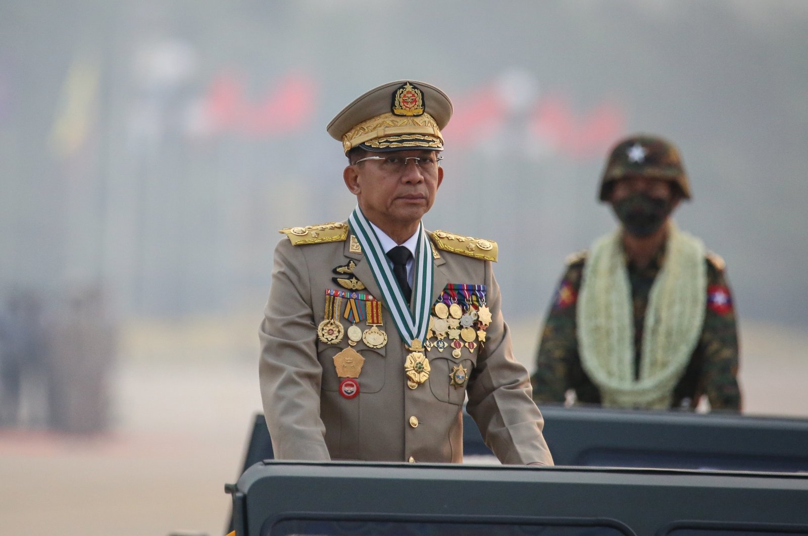 Myanmar military Commander-in-Chief Senior General Min Aung Hlaing participates in a parade during the 76th Armed Forces Day in Naypyitaw, Myanmar, March 27, 2021. (EPA Photo)