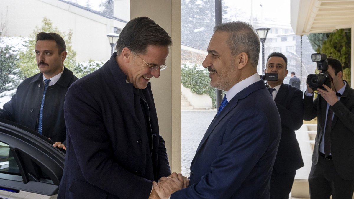 Foreign Minister Hakan Fidan (R) welcoming NATO Secretary General Mark Rutte (L) before their meeting in Ankara, Türkiye, Nov. 25, 2024. (NATO Press Office Handout via EPA Photo)