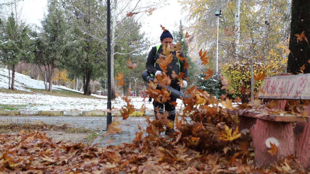 A municipality worker clears fallen leaves from the streets in Turhal, Tokat, northern Türkiye, Nov. 27, 2024. (AA Photo)