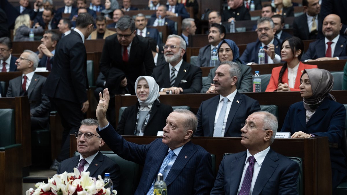 President Recep Tayyip Erdoğan greets AK Party supporters during the party&#039;s parliamentary group meeting in the capital, Ankara, Türkiye, Nov. 27, 2024. (AA Photo)