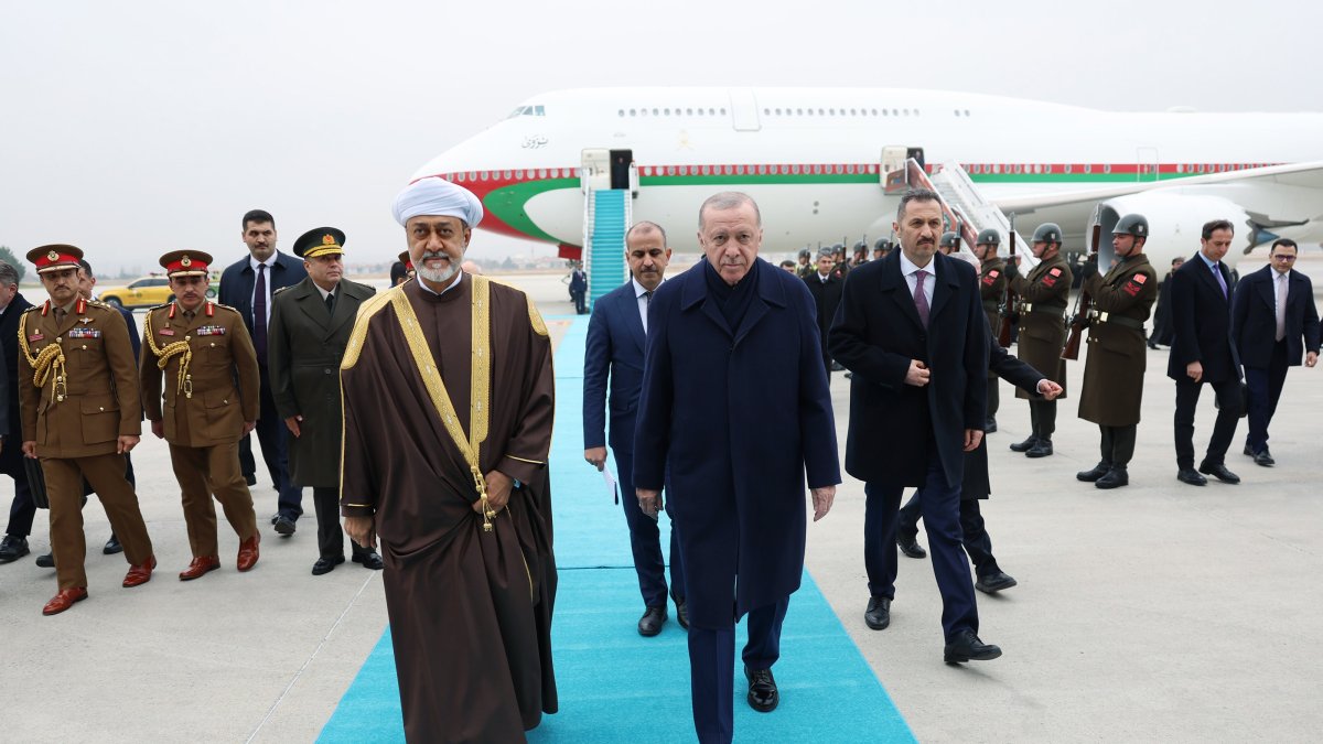 President Recep Tayyip Erdoğan welcomes Oman&#039;s Sultan Haitham bin Tariq (L) at Esenboğa Airport in the capital Ankara, Türkiye, Nov. 28, 2024. (AA Photo)