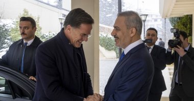 Foreign Minister Hakan Fidan (R) welcoming NATO Secretary General Mark Rutte (L) before their meeting in Ankara, Türkiye, Nov. 25, 2024. (NATO Press Office Handout via EPA Photo)