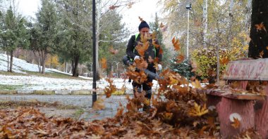 A municipality worker clears fallen leaves from the streets in Turhal, Tokat, northern Türkiye, Nov. 27, 2024. (AA Photo)