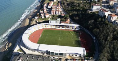 An aerial view of the new Sinop City Stadium during the Regional Amateur League clash between Sinopspor and Geredespor, Sinop, Türkiye, Nov. 27, 2024. (AA Photo)