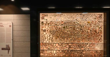 Some of the objects from the Byzantine and Roman periods found during the construction of the metro are exhibited at the Agia Sofia metro station, Thessaloniki, Greece, Nov. 22, 2024. (AFP Photo)