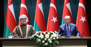President Recep Tayyip Erdoğan and Oman&#039;s Sultan Haitham bin Tariq attend a ceremony in Ankara, Nov. 28, 2024. (AA Photo)