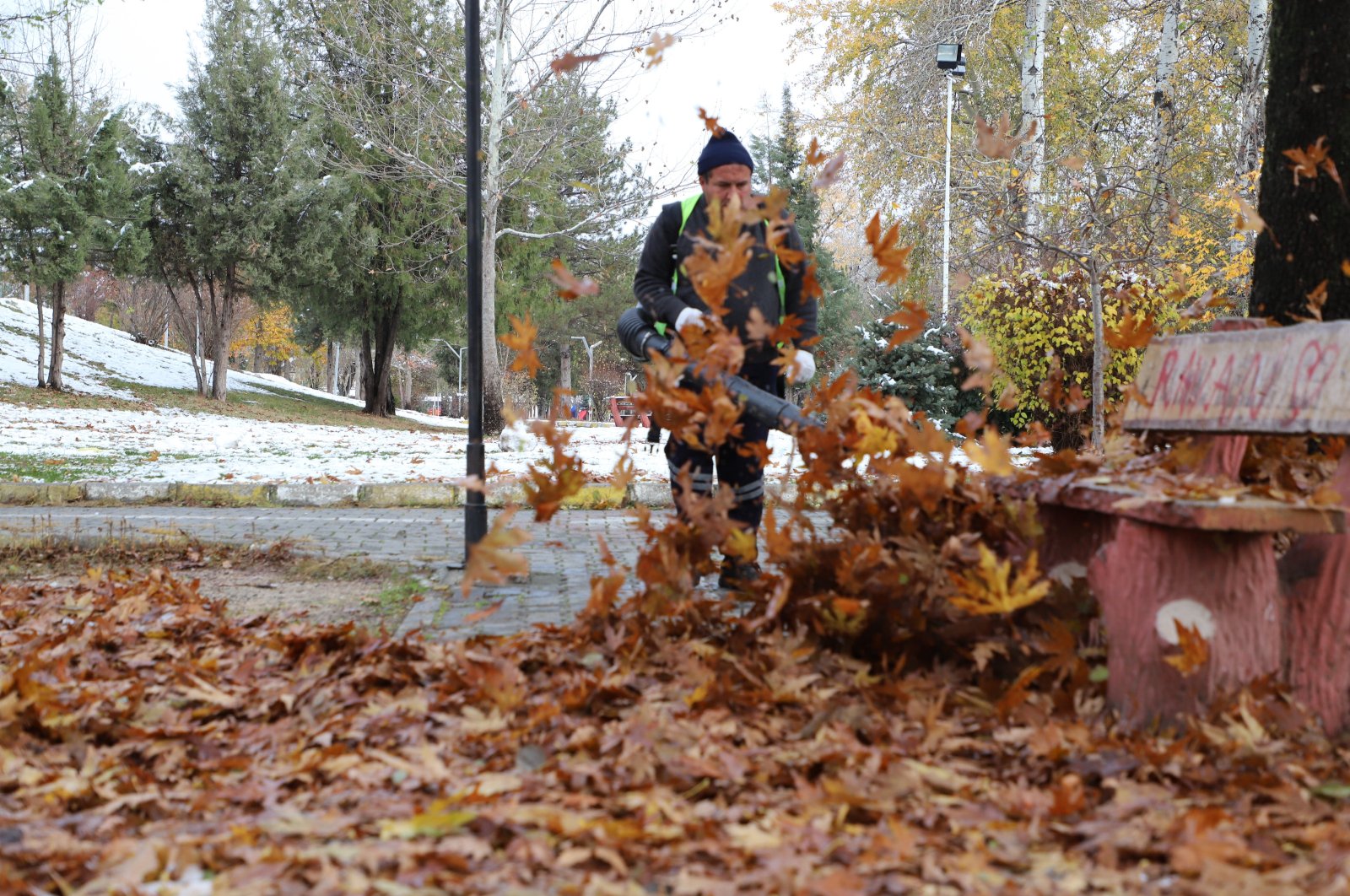 A municipality worker clears fallen leaves from the streets in Turhal, Tokat, northern Türkiye, Nov. 27, 2024. (AA Photo)