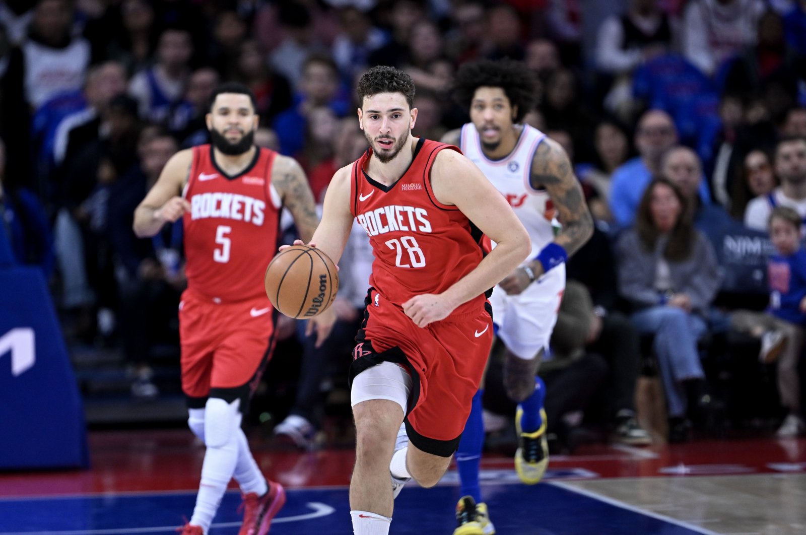 Houston Rockets&#039; Alperen Şengün drives the ball during the NBA match against the Philadelphia 76ers at the Wells Fargo Center, Philadelphia, Pennsylvania, U.S., Nov. 27, 2024. (AA Photo)