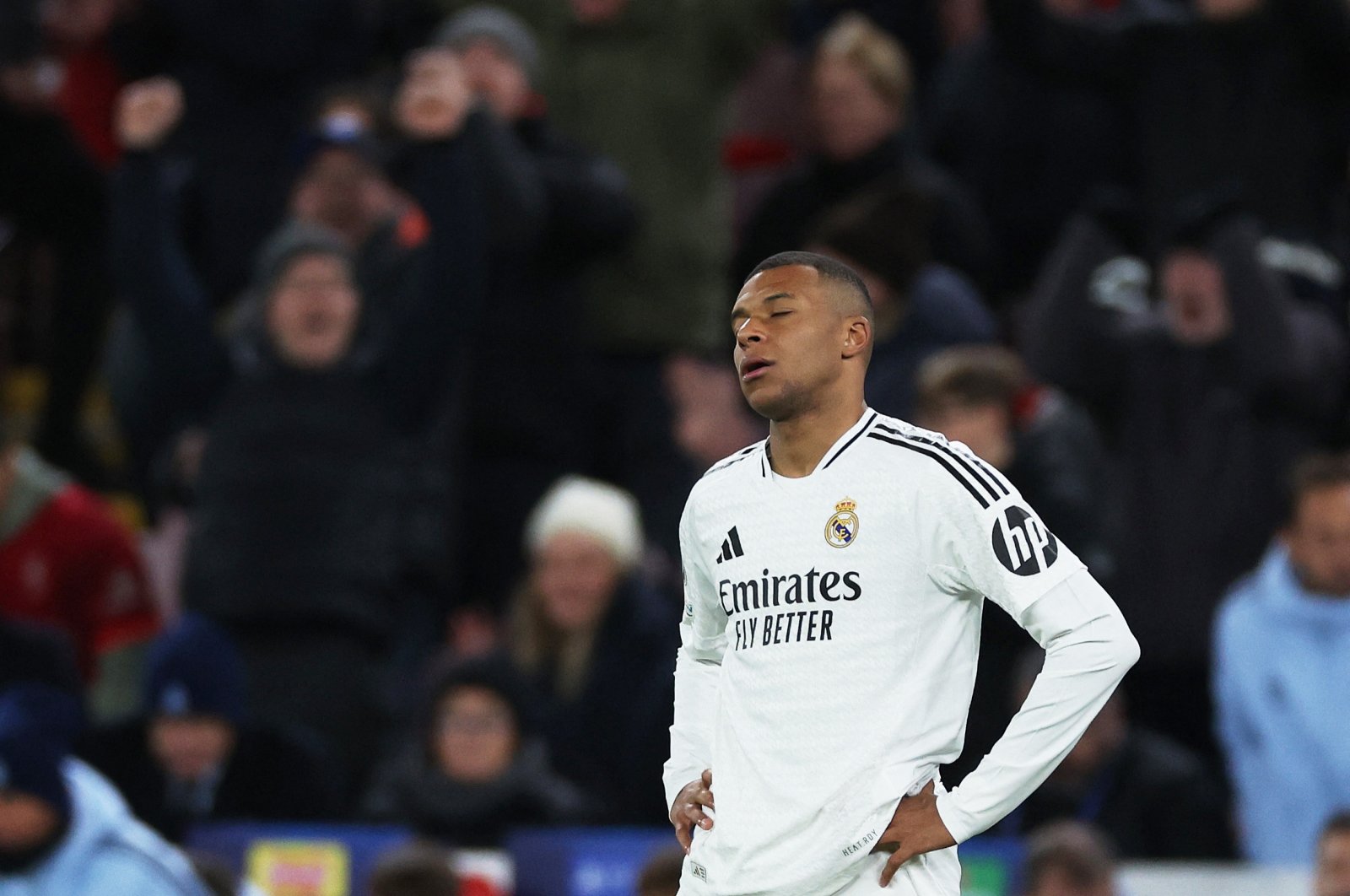 Real Madrid&#039;s Kylian Mbappe looks dejected after the Champions League match against Liverpool at Anfield, Liverpool, U.K., Nov. 27, 2024. (Reuters Photo)