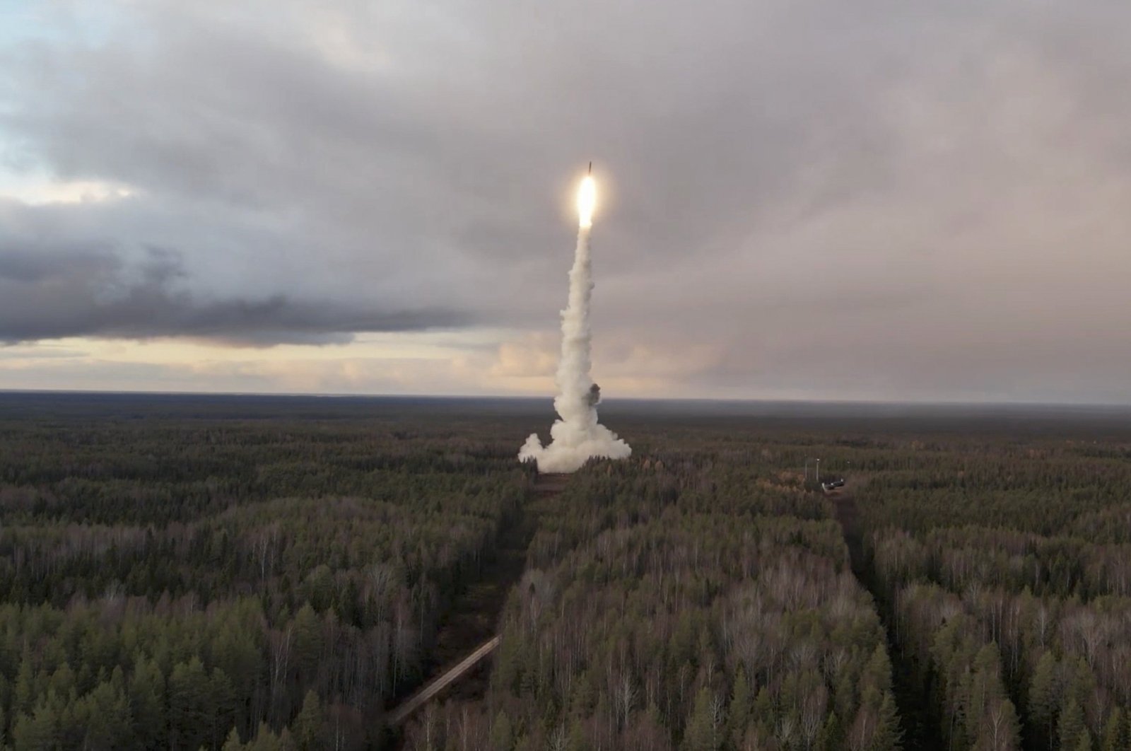 A still image taken from a handout video shows a Yars intercontinental ballistic missile being launched from the Plesetsk Cosmodrome, in Arkhangelsk Oblast, northwestern Russia, Oct. 29, 2024. (EPA Photo)