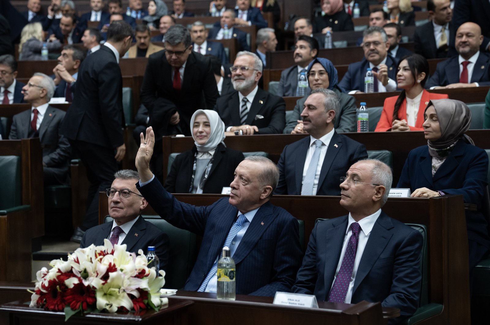 President Recep Tayyip Erdoğan greets AK Party supporters during the party&#039;s parliamentary group meeting in the capital, Ankara, Türkiye, Nov. 27, 2024. (AA Photo)