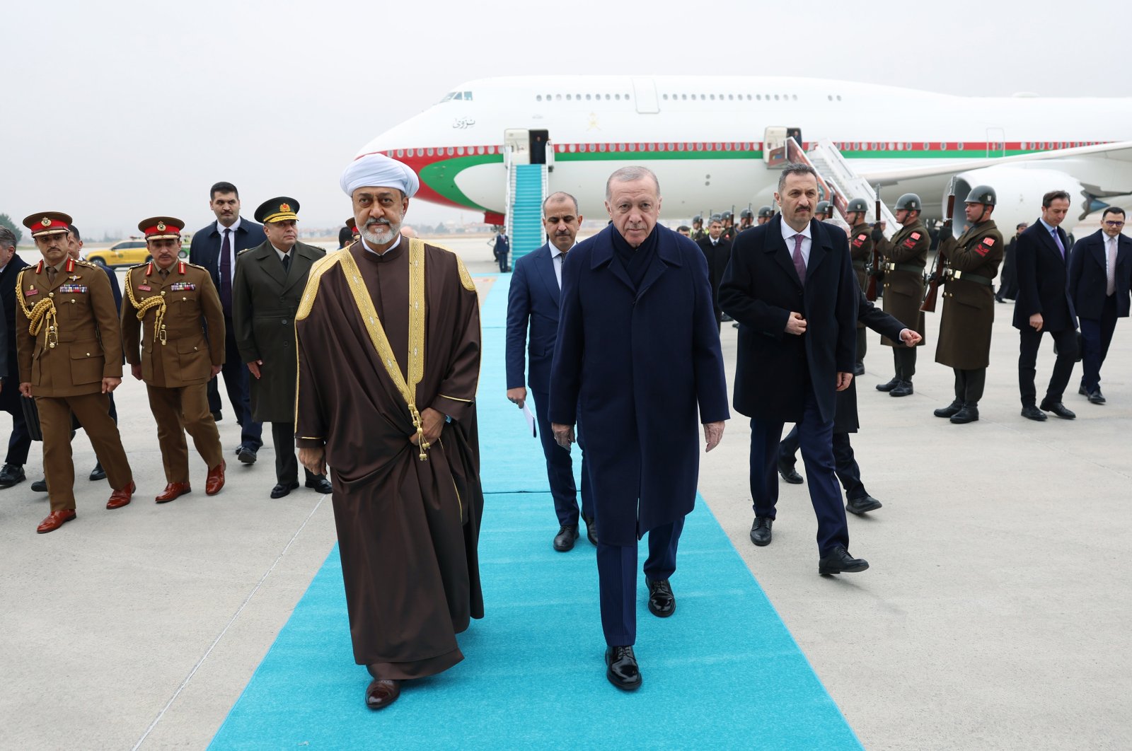 President Recep Tayyip Erdoğan welcomes Oman&#039;s Sultan Haitham bin Tariq (L) at Esenboğa Airport in the capital Ankara, Türkiye, Nov. 28, 2024. (AA Photo)