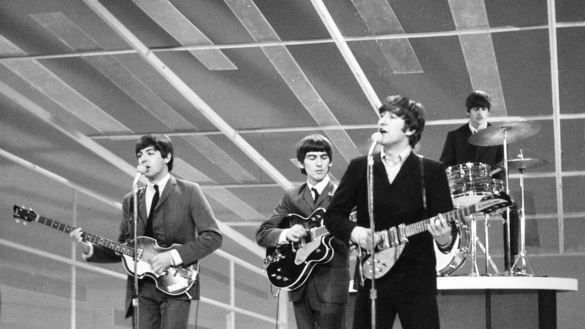 The Beatles are seen performing, date unknown. From left to right: Paul McCartney, George Harrison, John Lennon and Ringo Starr on drums. (AP Photo)