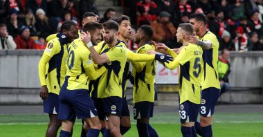 Fenerbahçe players celebrate after Youssef En-Nesyri&#039;s Europa League goal against Slavia Prague at the Fortuna Arena, Prague, Czechia, Nov. 28, 2024. (DHA Photo)
