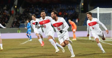 Turkish players celebrate a goal during the Nations League match against Iceland, Reykjavik, Iceland, Oct. 14, 2024. (DHA Photo)