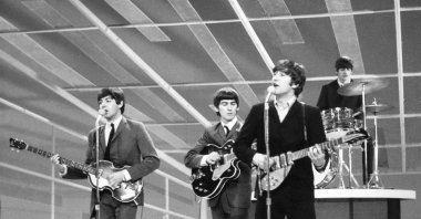 The Beatles are seen performing, date unknown. From left to right: Paul McCartney, George Harrison, John Lennon and Ringo Starr on drums. (AP Photo)