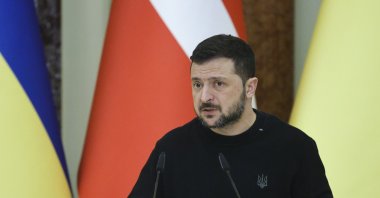 Ukrainian President Volodymyr Zelenskyy addresses a joint press conference with Danish Prime Minister Frederiksen after their meeting in Kyiv, Ukraine, Nov. 19, 2024. (EPA Photo)