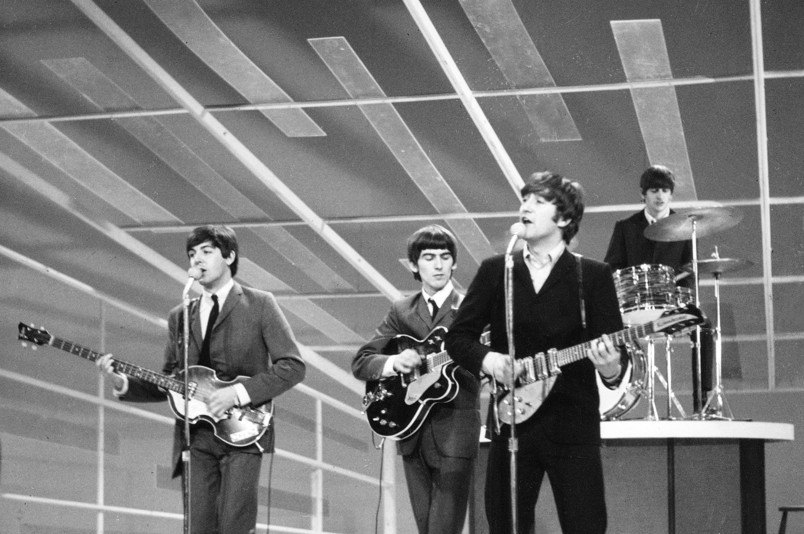 The Beatles are seen performing, date unknown. From left to right: Paul McCartney, George Harrison, John Lennon and Ringo Starr on drums. (AP Photo)