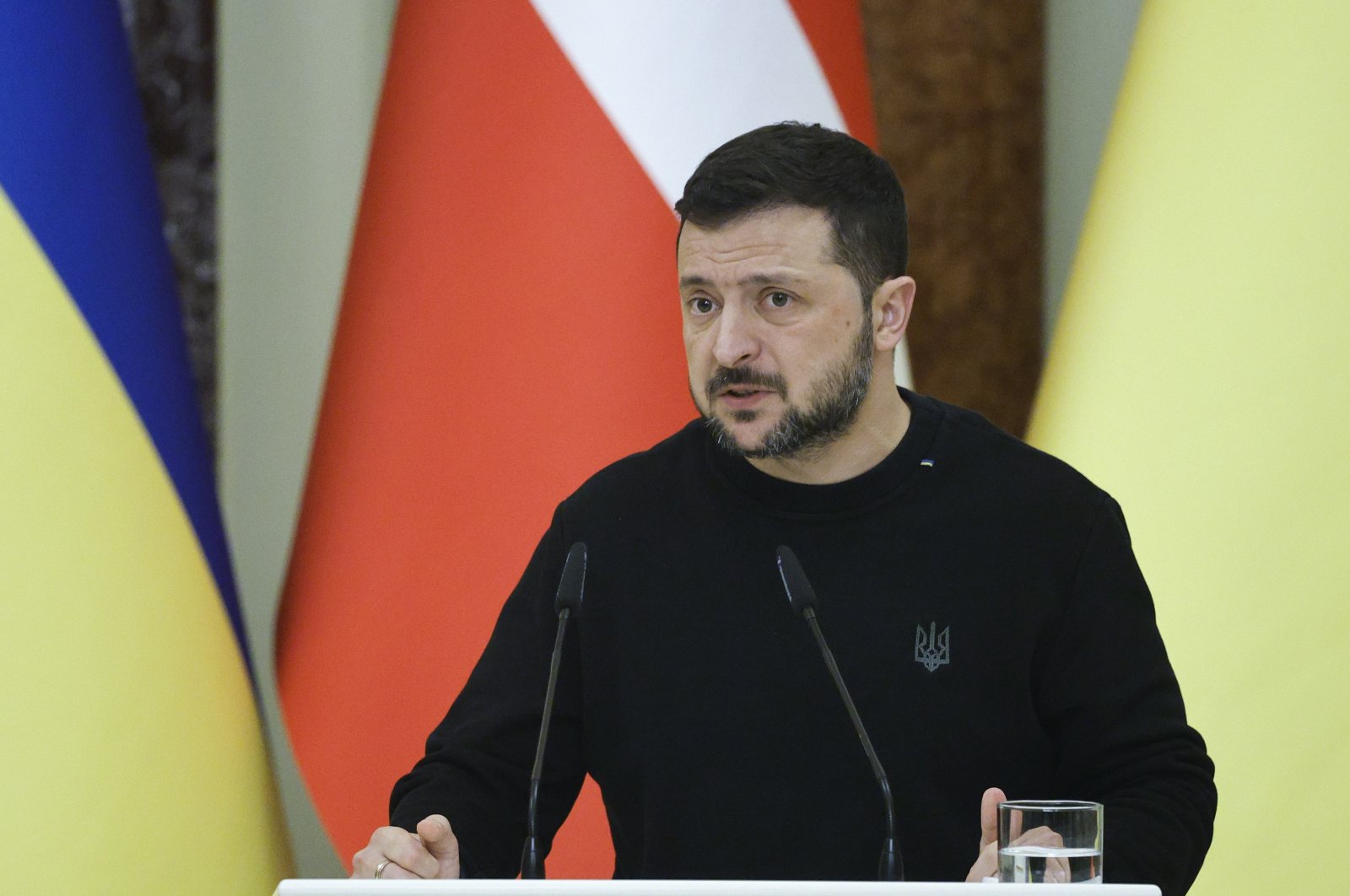 Ukrainian President Volodymyr Zelenskyy addresses a joint press conference with Danish Prime Minister Frederiksen after their meeting in Kyiv, Ukraine, Nov. 19, 2024. (EPA Photo)