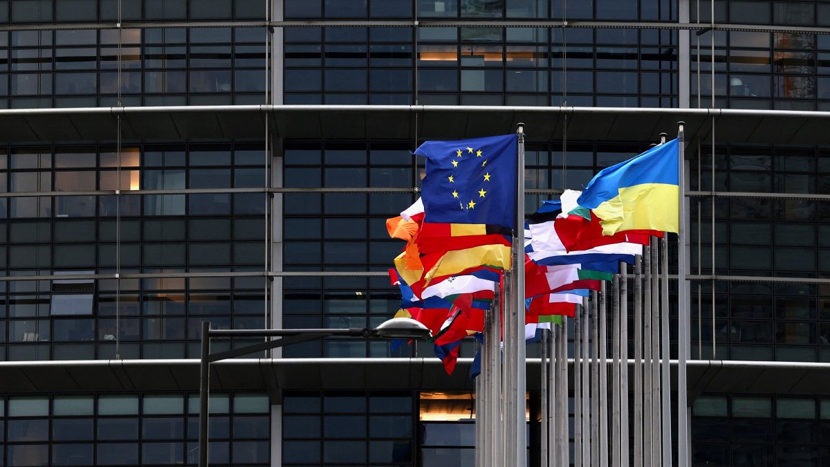 Flags of the European Union and Ukraine fly together with flags of EU member states outside the European Parliament, Strasbourg, France, Nov. 26, 2024. (Reuters Photo)