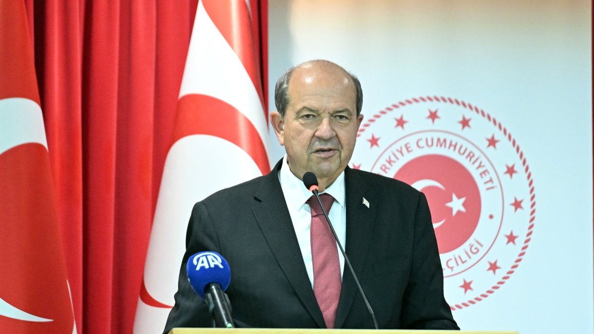 Turkish Cypriot President Ersin Tatar speaks at an event in Brussels, Belgium, Nov. 21, 2024. (AA Photo)