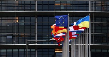 Flags of the European Union and Ukraine fly together with flags of EU member states outside the European Parliament, Strasbourg, France, Nov. 26, 2024. (Reuters Photo)