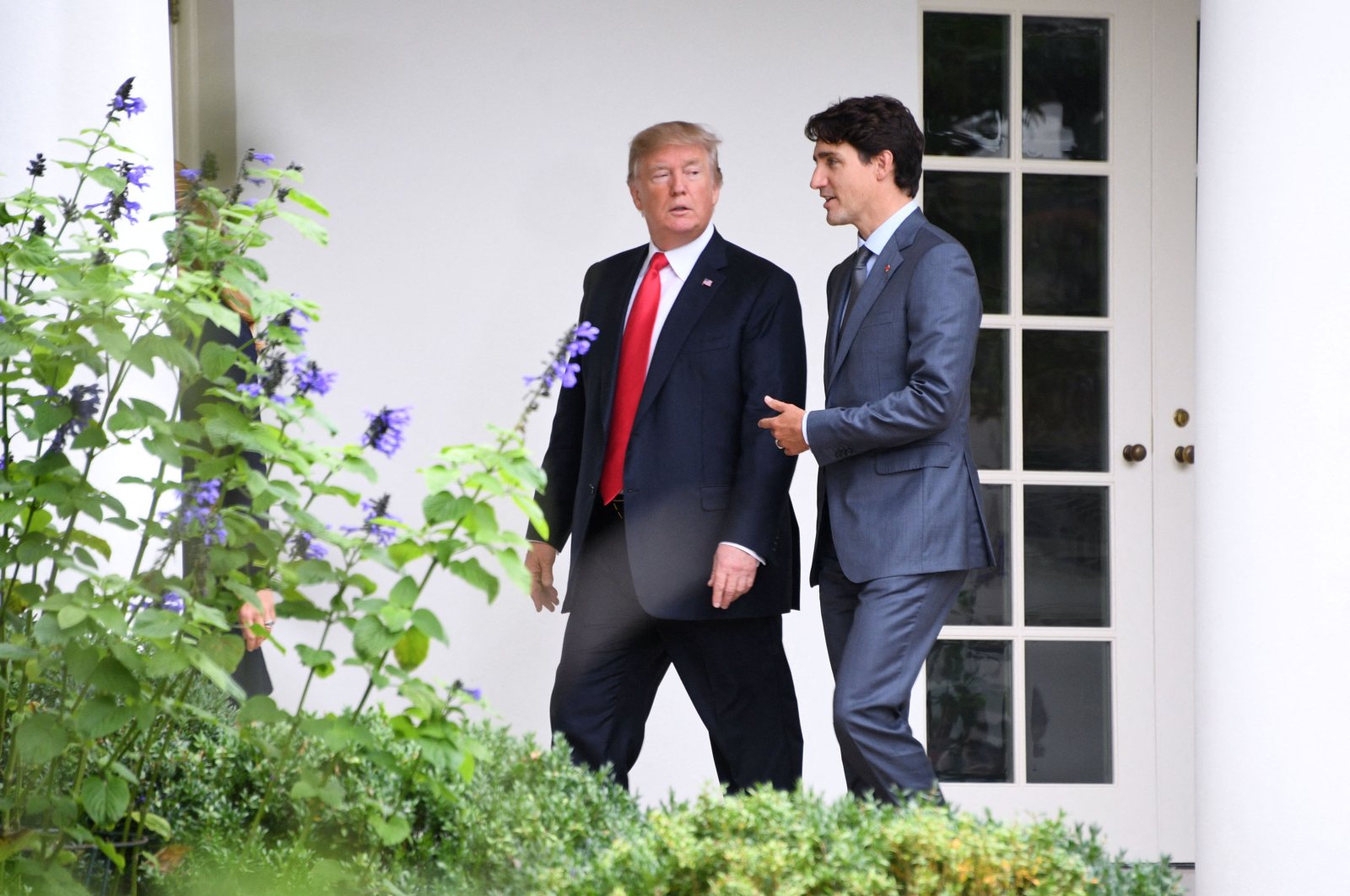 U.S. President Donald Trump (L) listens to Canadian Prime Minister Justin Trudeau as they walk toward the Oval Office of the White House, Washington D.C., U.S. Oct. 11, 2017. (AFP Photo)