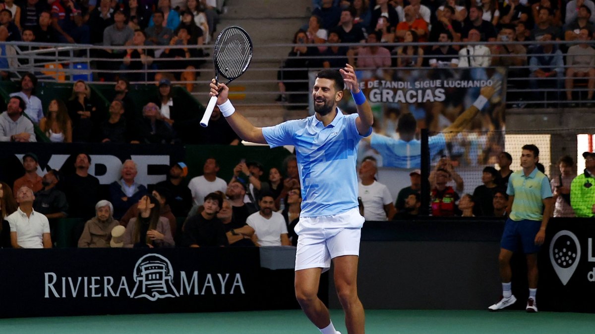 Serbia&#039;s Novak Djokovic reacts during an exhibition match against Juan Martin del Potro at the Estadio Mary Teran de Weiss, Buenos Aires, Argentina, Dec. 1, 2024. (Reuters Photo)