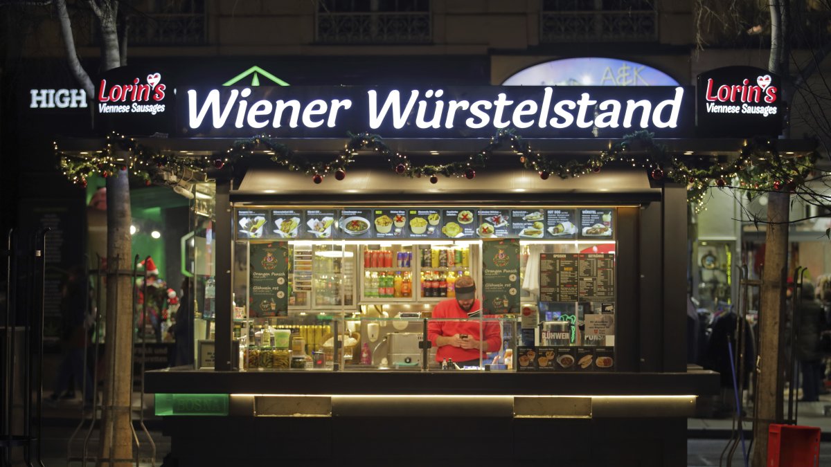 A traditional sausage stand (Wuerstelstand), which was named an intangible cultural heritage by the Austrian UNESCO Commission, in Vienna, Austria, Nov. 28, 2024. (AP Photo)