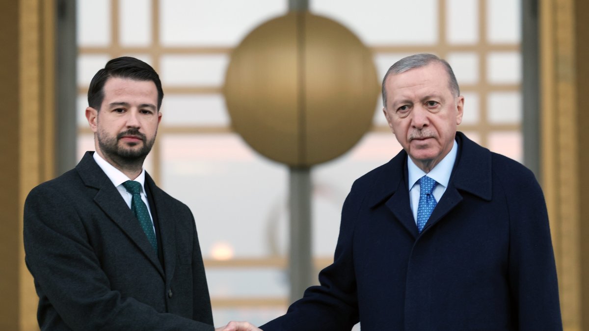 President Recep Tayyip Erdoğan and Montenegrin counterpart Jakov Milatovic shake hands at the Presidential Complex in Ankara, Dec. 2, 2024. (IHA Photo)