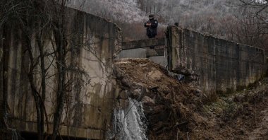 Kosovo Police special unit secures the area near the site of an explosion in the village of Varage, Kosovo, Nov. 30, 2024. (AFP Photo)