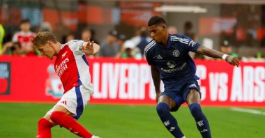 Arsenal&#039;s Martin Odegaard (L) in actions against Manchester United&#039;s Marcus Rashford during a friendly football match at Sofi Stadium, Inglewood, California, U.S., July 27, 2024. (Shutterstock Photo)