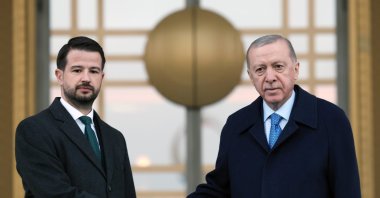President Recep Tayyip Erdoğan and Montenegrin counterpart Jakov Milatovic shake hands at the Presidential Complex in Ankara, Dec. 2, 2024. (IHA Photo)