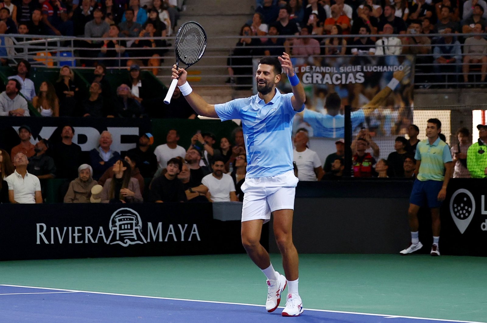 Serbia&#039;s Novak Djokovic reacts during an exhibition match against Juan Martin del Potro at the Estadio Mary Teran de Weiss, Buenos Aires, Argentina, Dec. 1, 2024. (Reuters Photo)