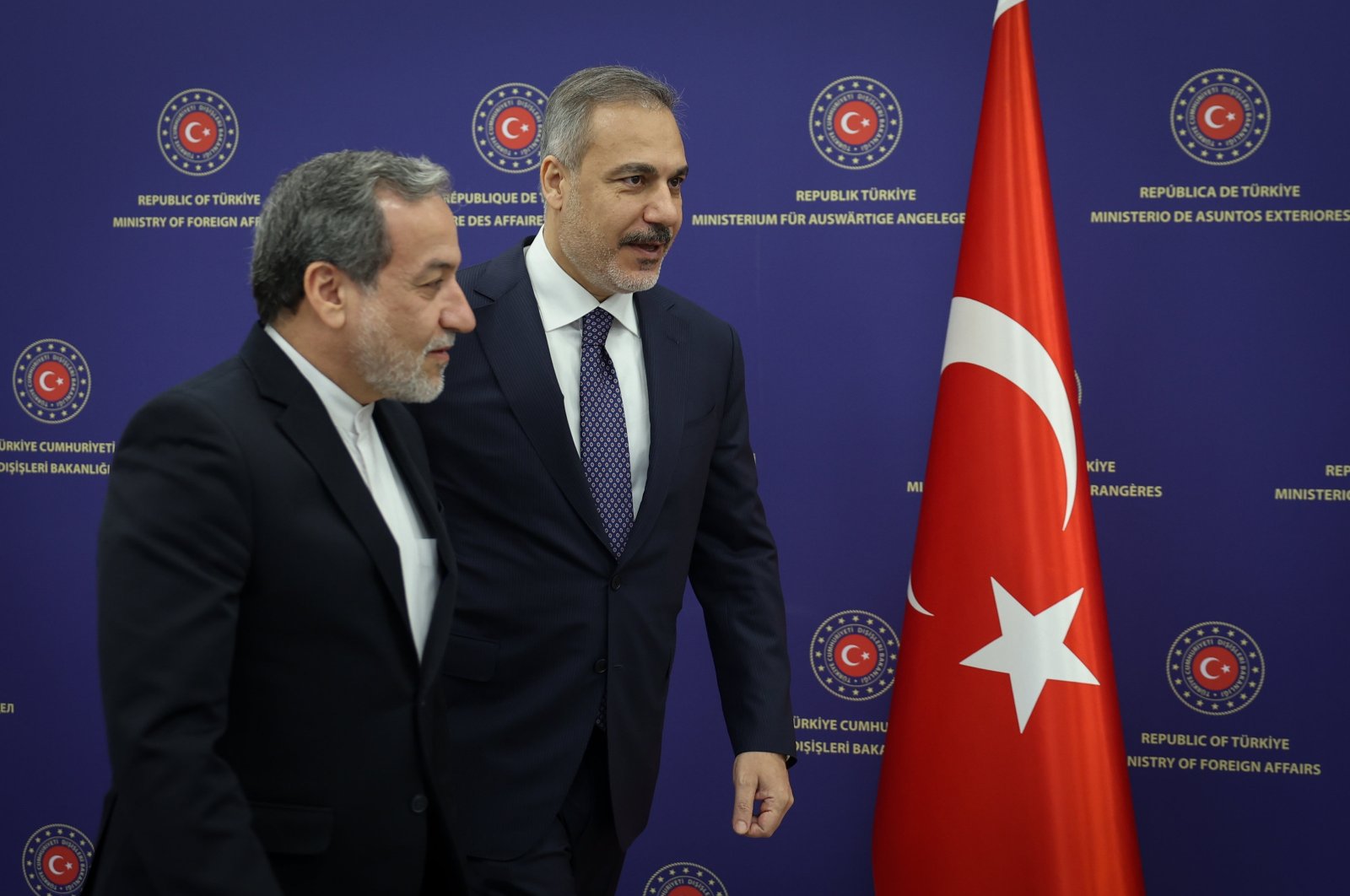 Foreign Minister Hakan Fidan (R) and his Iranian counterpart Abbas Araghchi (L) attend a news conference in the capital Ankara, Türkiye, Dec. 2, 2024. (AA Photo)