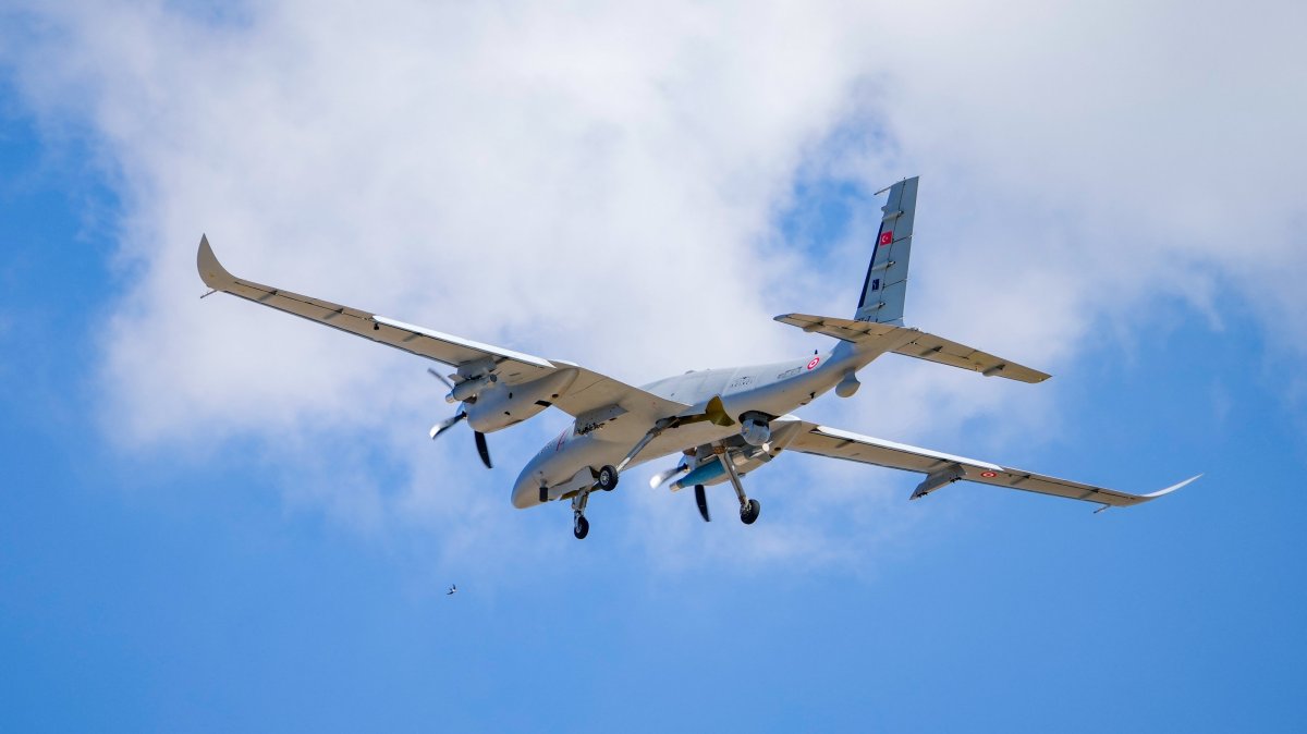 The Baykar-made unmanned combat aerial vehicle Akıncı is seen in the air over northwestern Tekirdağ province, Türkiye, Sept. 26, 2024. (AA Photo)
