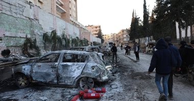 People inspect the damaged at Ibn Sina Hospital following a Russian airstrike, Idlib, northern Syria, Dec. 2, 2024. (EPA Photo)