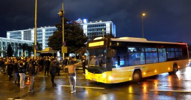 Private owners of public buses gather in front of the Istanbul Metropolitan Municipality (IBB) building in Saraçhane to protest, citing the non-payment of their dues, Istanbul, Türkiye, Dec. 3, 2024. (AA Photo)