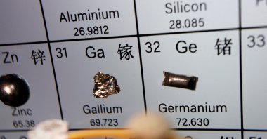 A worker miniature is placed near the elements of Gallium and Germanium on a periodic table in this illustration taken on July 6, 2023. (Reuters Photo)