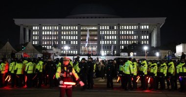 Police officers gather outside the National Assembly, after South Korean President Yoon Suk Yeol declared martial law, in Seoul, South Korea, Dec. 4, 2024. (Reuters Photo)