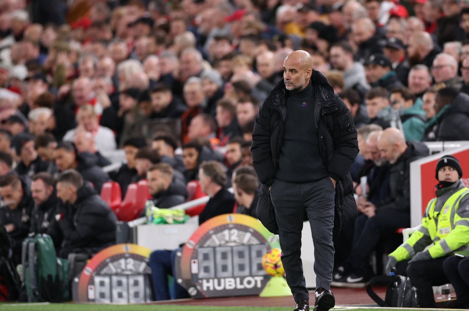 Manchester City manager Pep Guardiola looks on during the English Premier League match between Liverpool and Manchester City, Liverpool, U.K., Dec. 1, 2024. (EPA Photo)