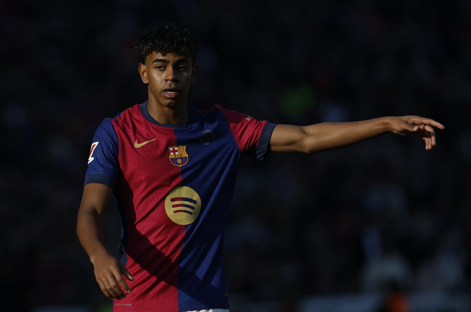 Barcelona&#039;s Lamine Yamal gestures during a Spanish La Liga match against Las Palmas at the Lluis Companys Olympic Stadium, Barcelona, Spain, Nov. 30, 2024. (AP Photo)